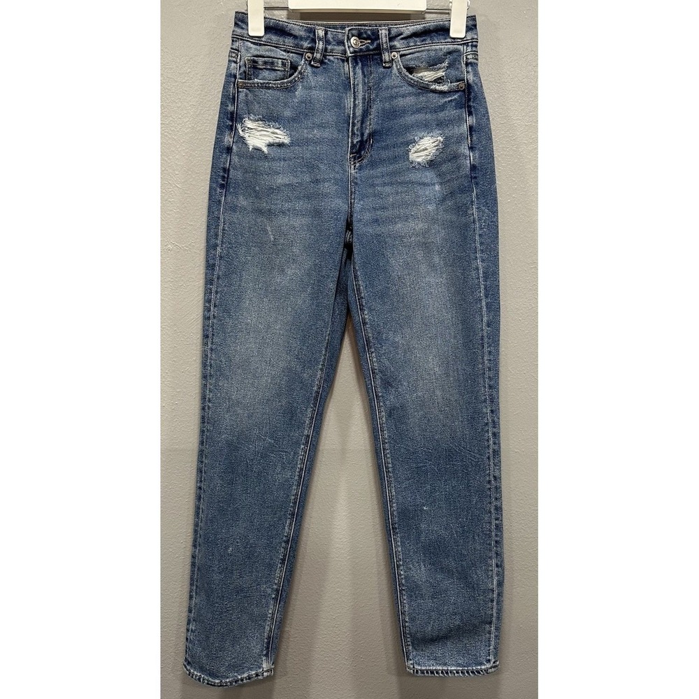 American Eagle Denim Jeans Women's 4 Blue Mom Straight Distressed Zip 5 Pockets